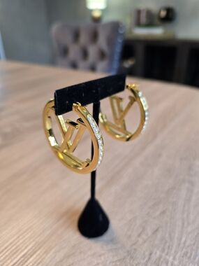Gold Large Logo Hoop Earrings with Pearl Accent - Designer Style